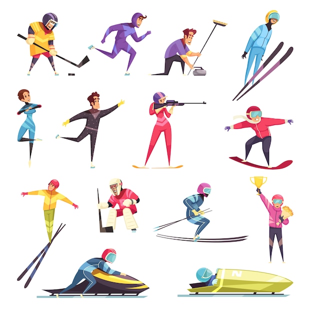 Winter sports set with skiing snowboarding and skating flat\
isolated