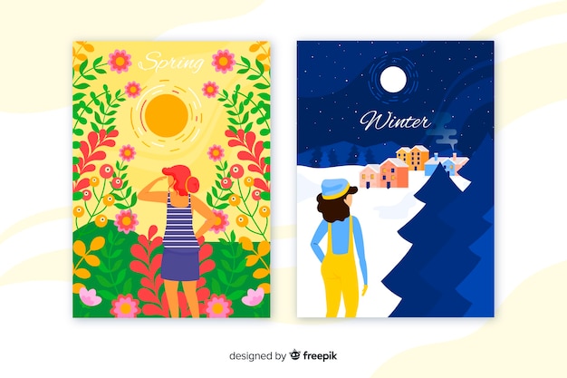 Free vector winter and spring colorful posters