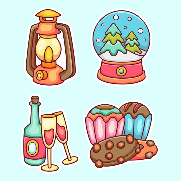 Winter Sticker Icons Hand Drawn Coloring Vector