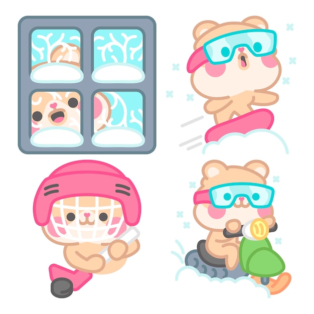 Free vector winter stickers collection with kimchi the hamster