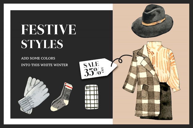 Winter style banner design with gloves, socks, coat, skirt watercolor illustration.