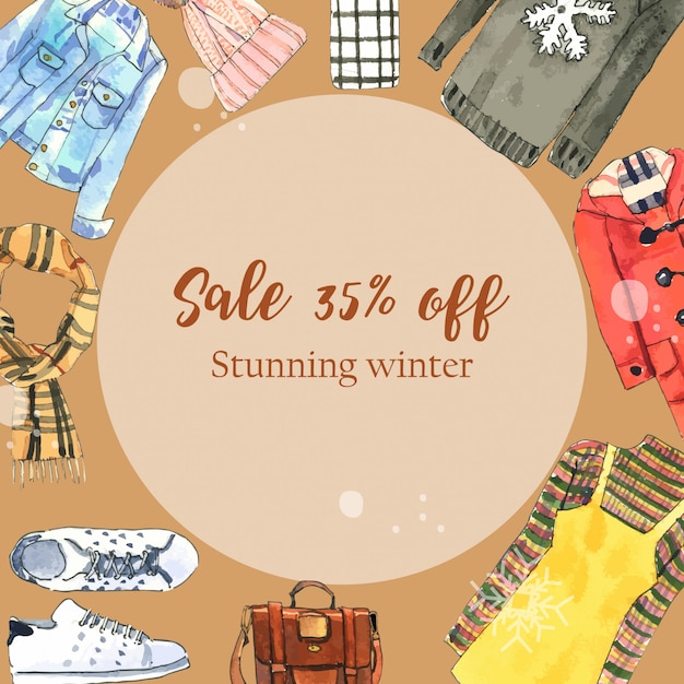 Winter Style Banner with Watercolor Dresses, Wool Hat and Bag – Free Vector Download