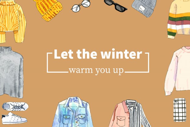 Зимний стиль дизайн рамы с свитер, шерстяная шапочка, очки Акварельные иллюстрации.