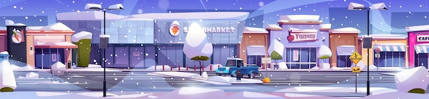 Free vector winter supermarket and autos on parking lot