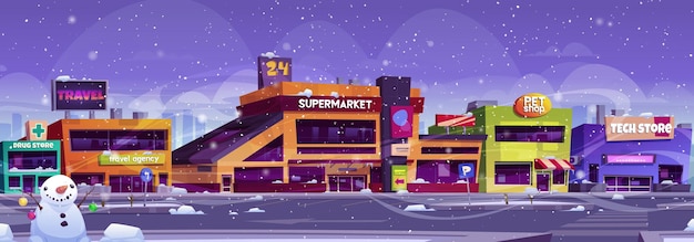 Vettore gratuito parcheggio del supermercato invernale vicino al fondo di vettore dell'edificio del negozio esterno del negozio della città con tempo di neve che cade sulla strada parcheggio e strada vicino all'ipermercato scena di illustrazione del paesaggio urbano innevato