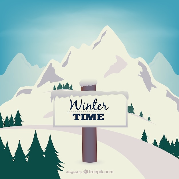 Free vector winter time sign with snow-covered mountain