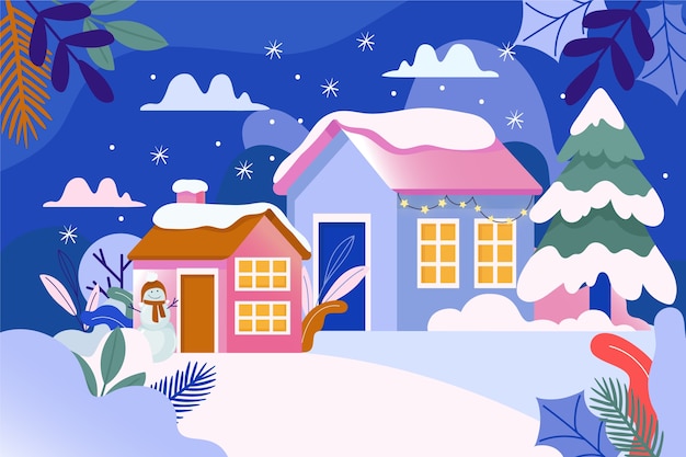 Free vector winter town scene surrounded by snow