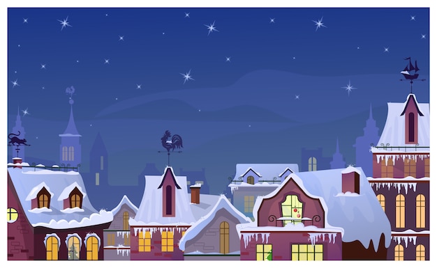 Free vector winter townscape with night sky and houses roofs