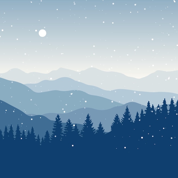 Free vector winter tree landscape with snow falling