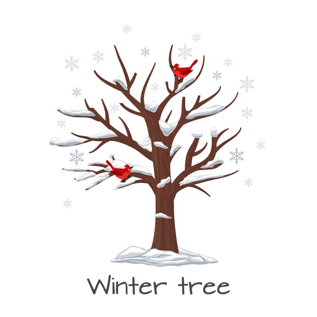 Winter tree with birds. Season nature, snow on wood, snowflake and plant, vector illustration