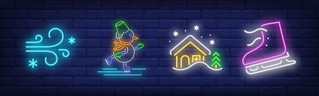 Winter vacation symbols set in neon style with ice skates