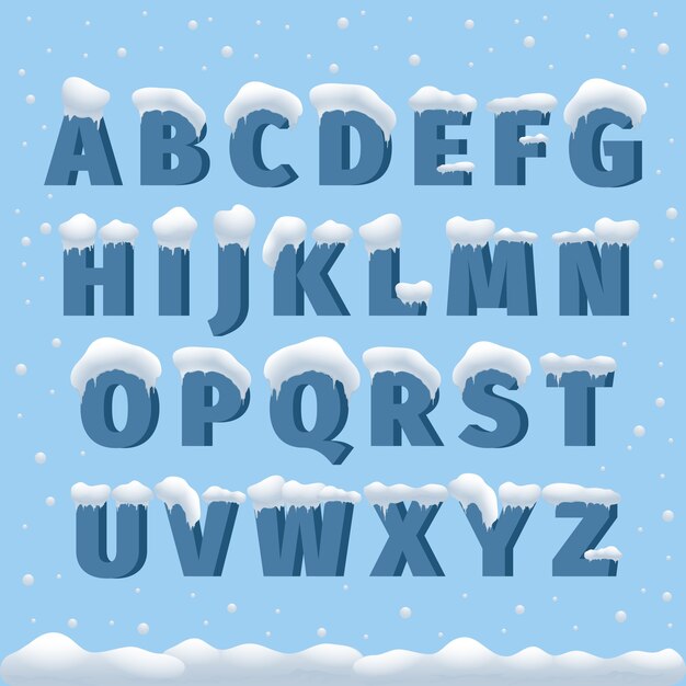 雪と冬のベクトルアルファベット。文字abc、アイスコールドフォント、シーズンフロストフォント、タイポグラフィまたはタイプセット。冬のアルファベットのベクトル図