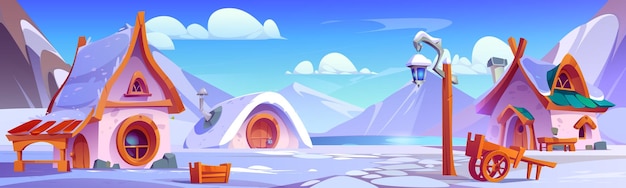 Free vector winter village scene with cute fantasy dwarf house