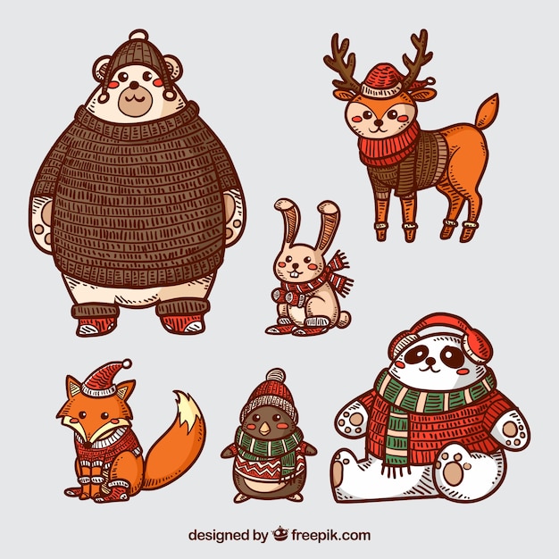 Free vector winter vintage animals collection