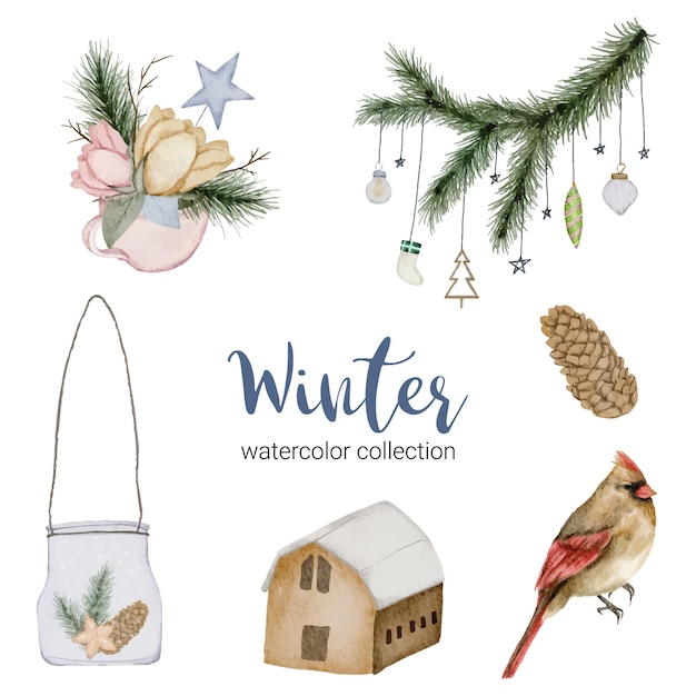 Free vector winter watercolor collection featuring a bouquet of flowers