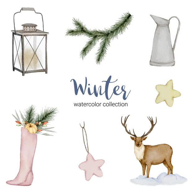 Winter watercolor collection featuring jugs, lanterns, deer and shoes.