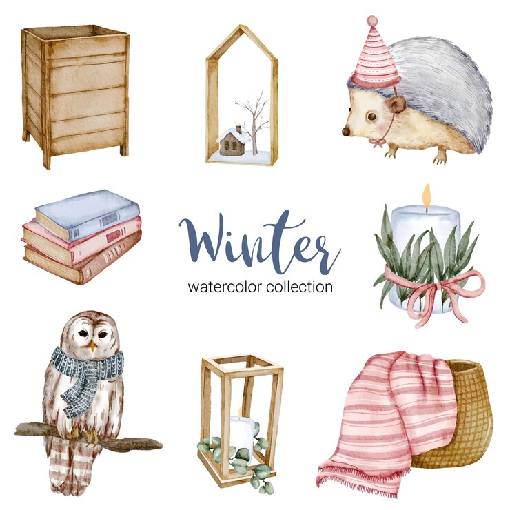 Free Vector winter watercolor collection with books, hedgehogs, owls, baskets and candles