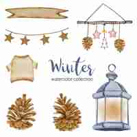 Free vector winter watercolor collection with branches, leaves and flowers