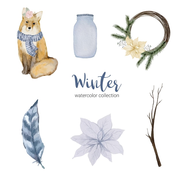 Winter watercolor collection with items for home use and fox