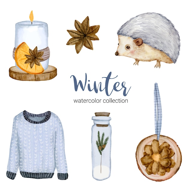 Free vector winter watercolor collection with long sleeves, jars, candles and hedgehogs.