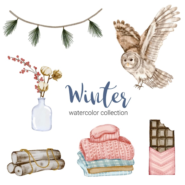 Winter watercolor elements collection