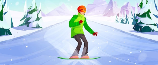 Wintertime activity and extreme outdoors snowboarding sport young man in warm sportive costume riding snowboard downhills sportsman training or relaxing on ski resort cartoon vector illustration