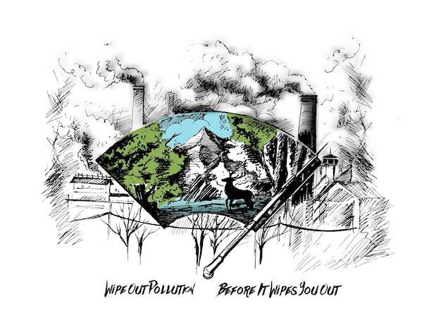 汚染に対して都市を一掃する手描きのスケッチ ベクトル図