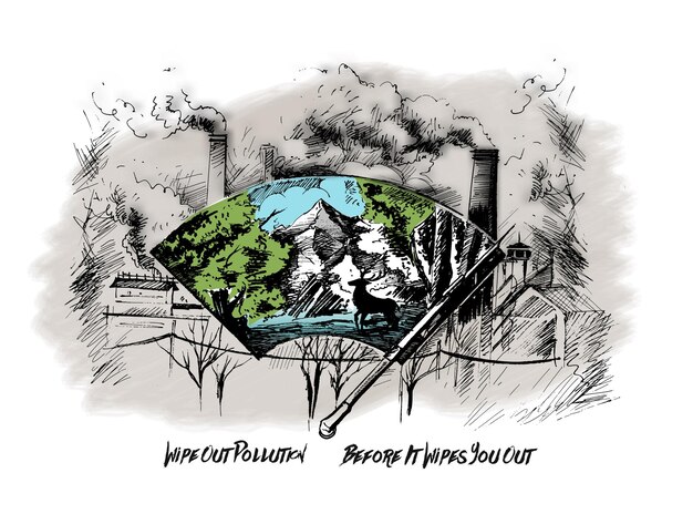 汚染に対して都市を一掃する手描きのスケッチ ベクトル図
