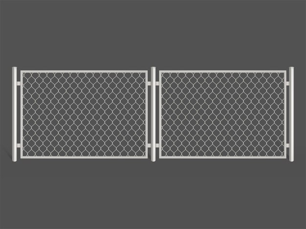 Wire fence isolated on grey background. Silver colored metal chain link mesh. 