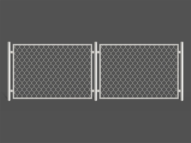 Wire fence isolated on grey background. Silver colored metal chain link mesh. 