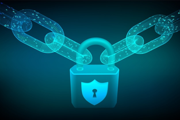 デジタルコードとロック付きワイヤーフレームチェーン。 Blockchain、サイバーセキュリティ、安全、プライバシーの概念。