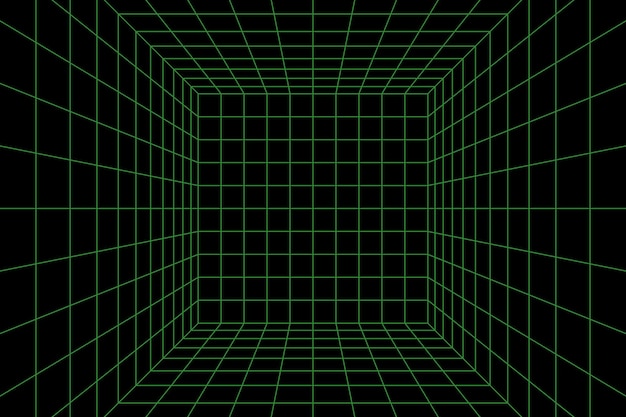 Wireframe perspective cube. 3d wireframe grid room. 3d perspective laser grid. cyberspace black background with green mesh. futuristic digital hallway space in virtual reality. vector illustration