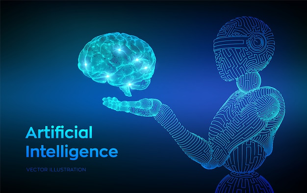 Бесплатное векторное изображение Каркасный робот. а.и. искусственный интеллект в виде киборга или бота. мозг в роботизированной руке. цифровой мозг.