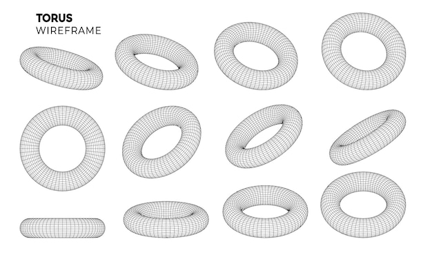 Free vector wireframe torus grid set abstract geometric shape