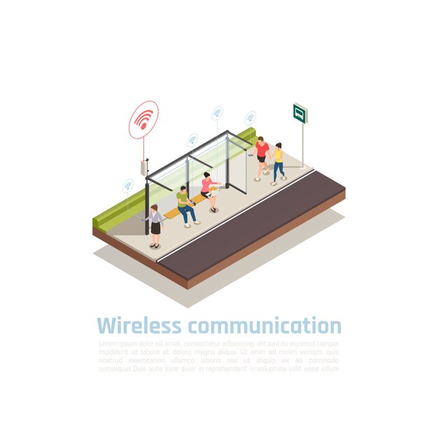 Wireless communication isometric composition with people using gadgets for internet connection at public transport stop equipped with wifi