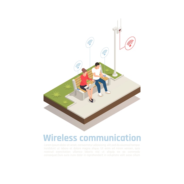 Manifesto isometrico di comunicazione senza fili con personaggi maschili e femminili che si siedono nell'antenna cellulare del parco cittadino e utilizzando il segnale wifi Vettore gratuito