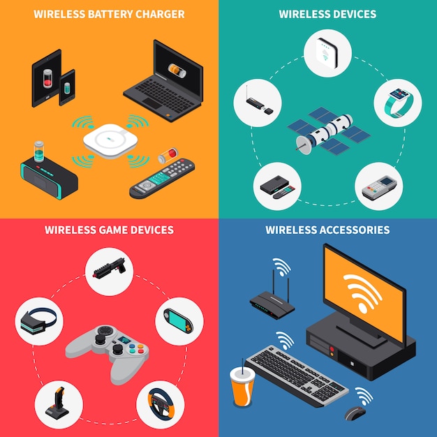 Wireless electronic devices isometric concept