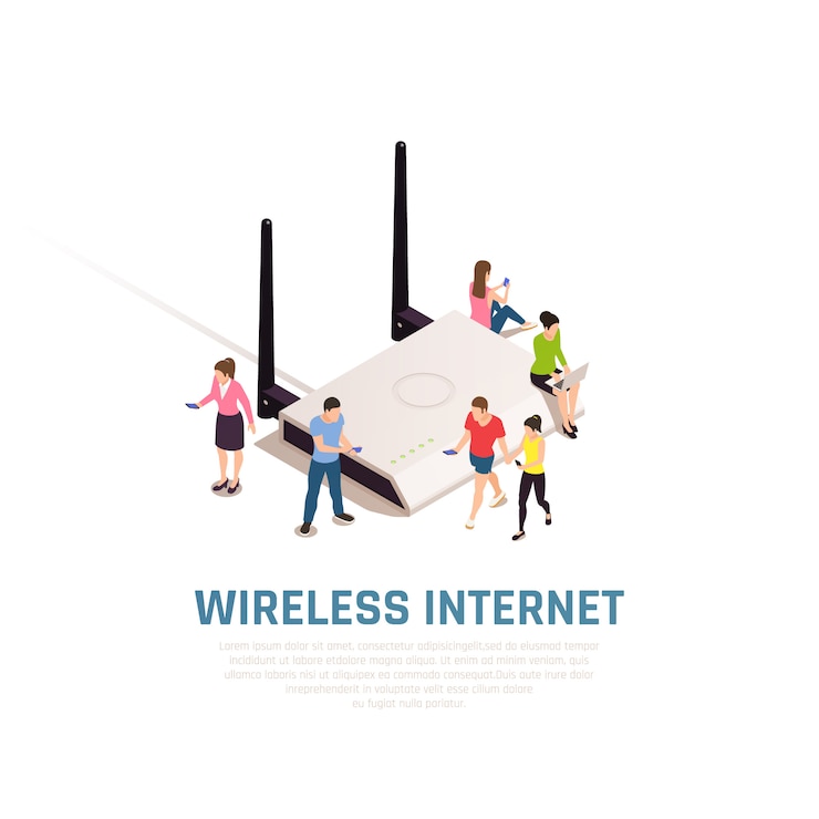 Free Vector wireless internet isometric composition with little people around big router connecting by smartphones