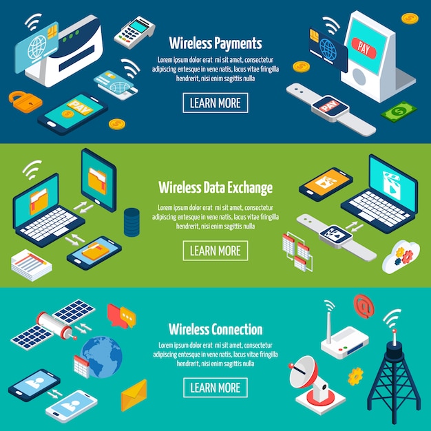 Wireless technologies isometric banner set