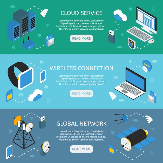 Free vector wireless technology horizontal isometric banners