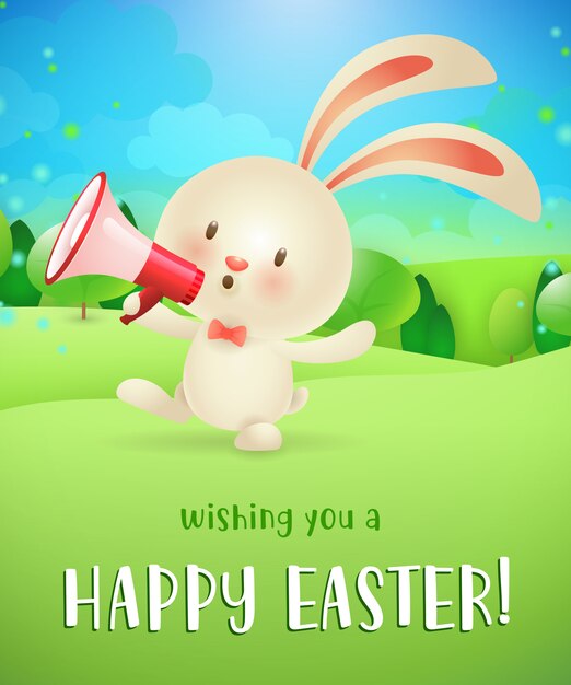 Wishing you happy Easter lettering, bunny with megaphone