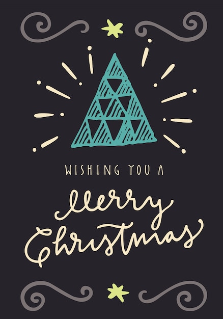 Wishing You A Merry Christmas. Vintage hand drawn greeting card. Flat design illustration