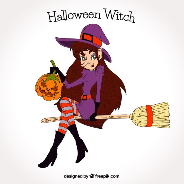 Witch background with pumpkin and hand drawn broom