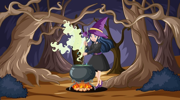 Vettore gratuito la strega prepara la pozione nella foresta incantata