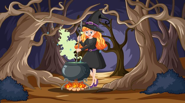 Witch brewing potion in enchanted forest