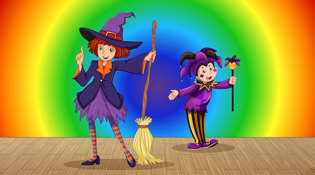 Witch cartoon character on rainbow gradient background