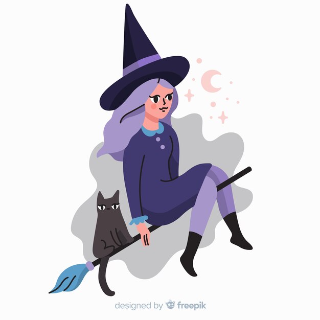 Witch and cat halloween cartoon characters 