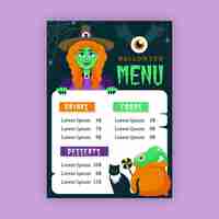 Free vector witch and cat halloween restaurant menu template