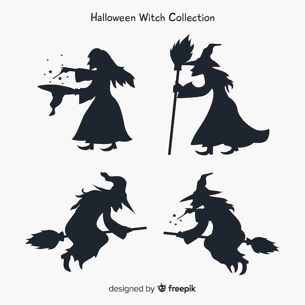 Free vector witch character collection with silhouette style