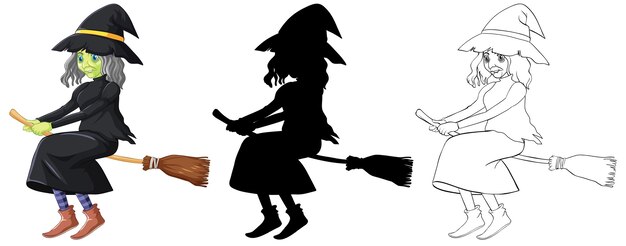 Witch in color and outline and silhouette cartoon character isolated on white 